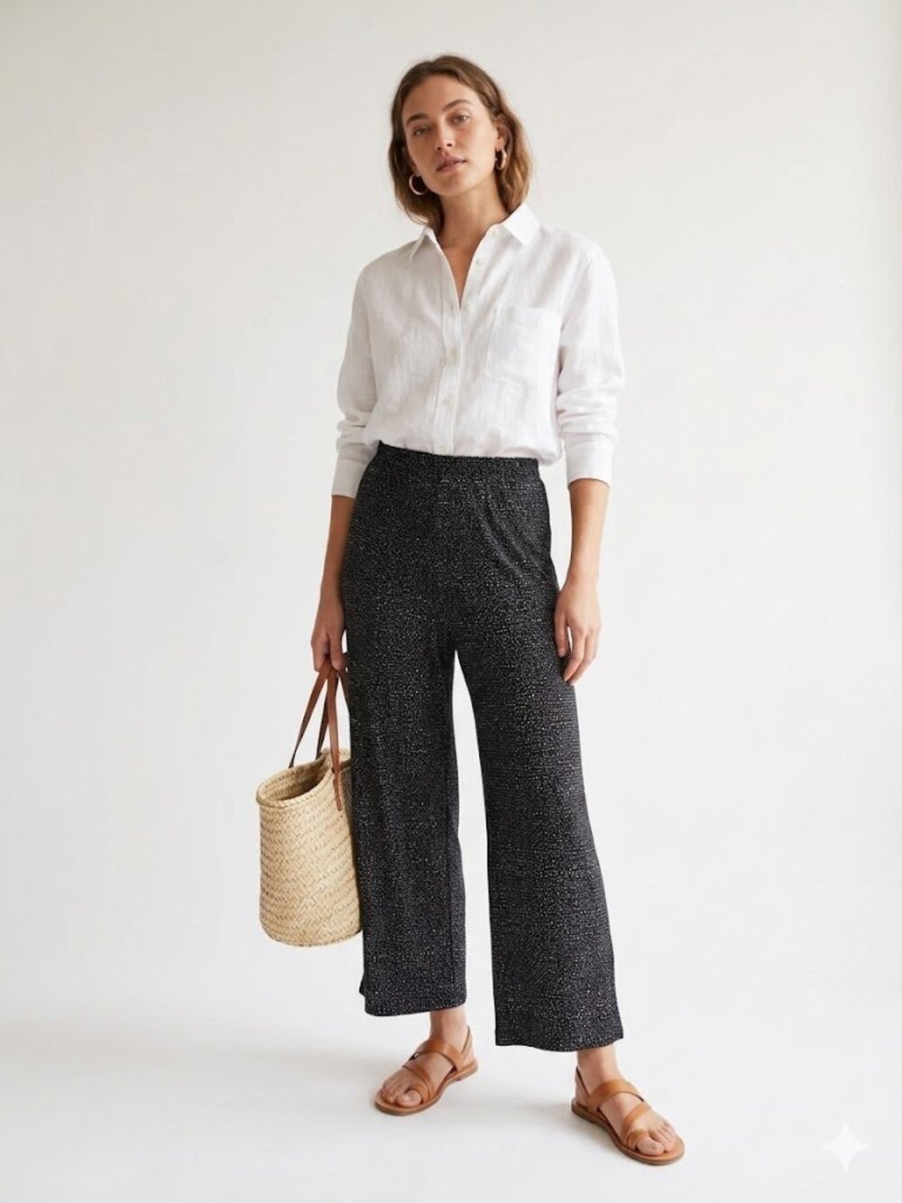 Chico's Travelers Cropped Pants Black Dot Print Pull-On Wide Leg Size 1 (M/8)